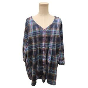 The Vermont Country Store Plaid Pintuck Tunic Blue Purple 3/4 Roll Tab V-Neck 2X